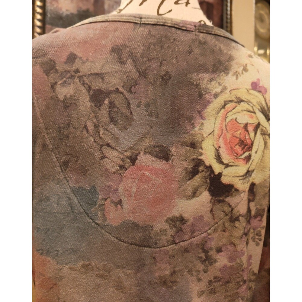 Vintage XCIT U.S.A. Floral and Script Print Long Sleeve Mesh Top Size PS Bell - Picture 7 of 8